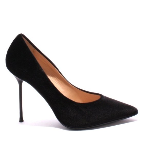 ITALIAN Black Velour Leather Point Metal Heel Pump - Picture 3 of 8